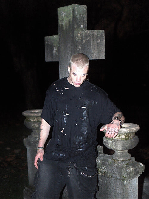 Black Print Crosses Inside out distressed tee 2.0