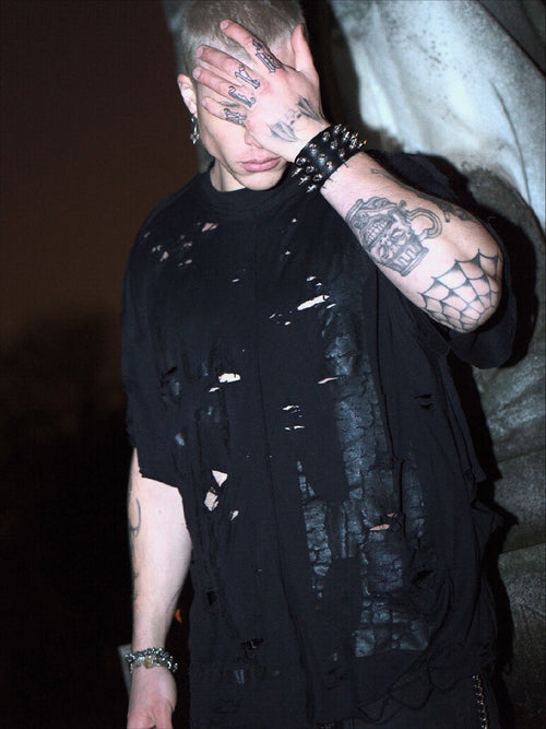 Black Print Crosses Inside out distressed tee 2.0